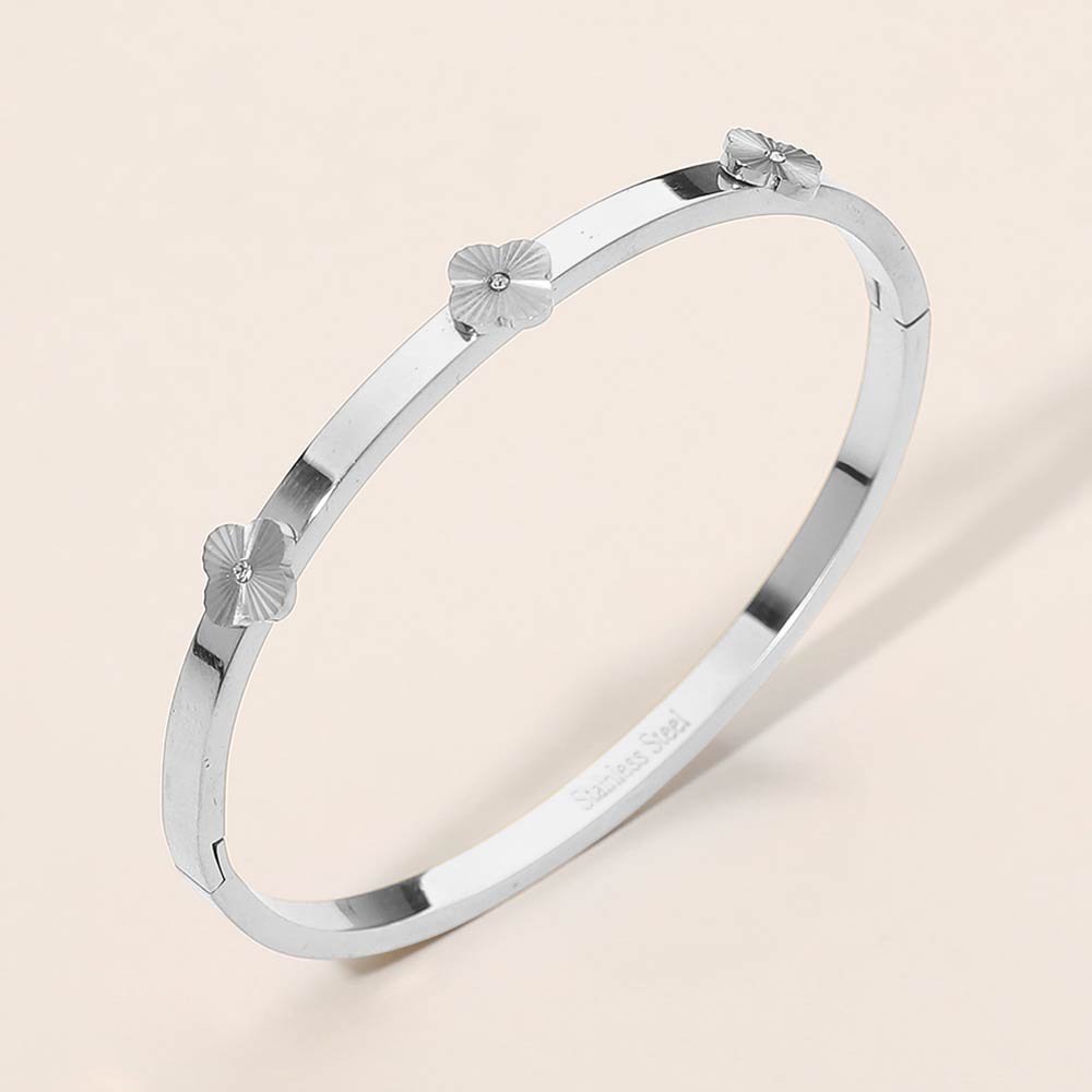 Madeline Love Silver Stainless Steel CZ Center Quatrefoil Station Hinged Bangle Bracelet - Bracelets - desc