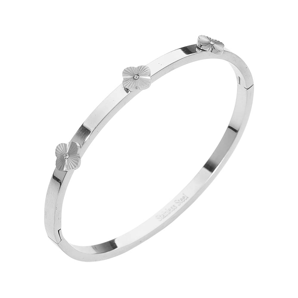 Madeline Love Silver Stainless Steel CZ Center Quatrefoil Station Hinged Bangle Bracelet - Bracelets - extra