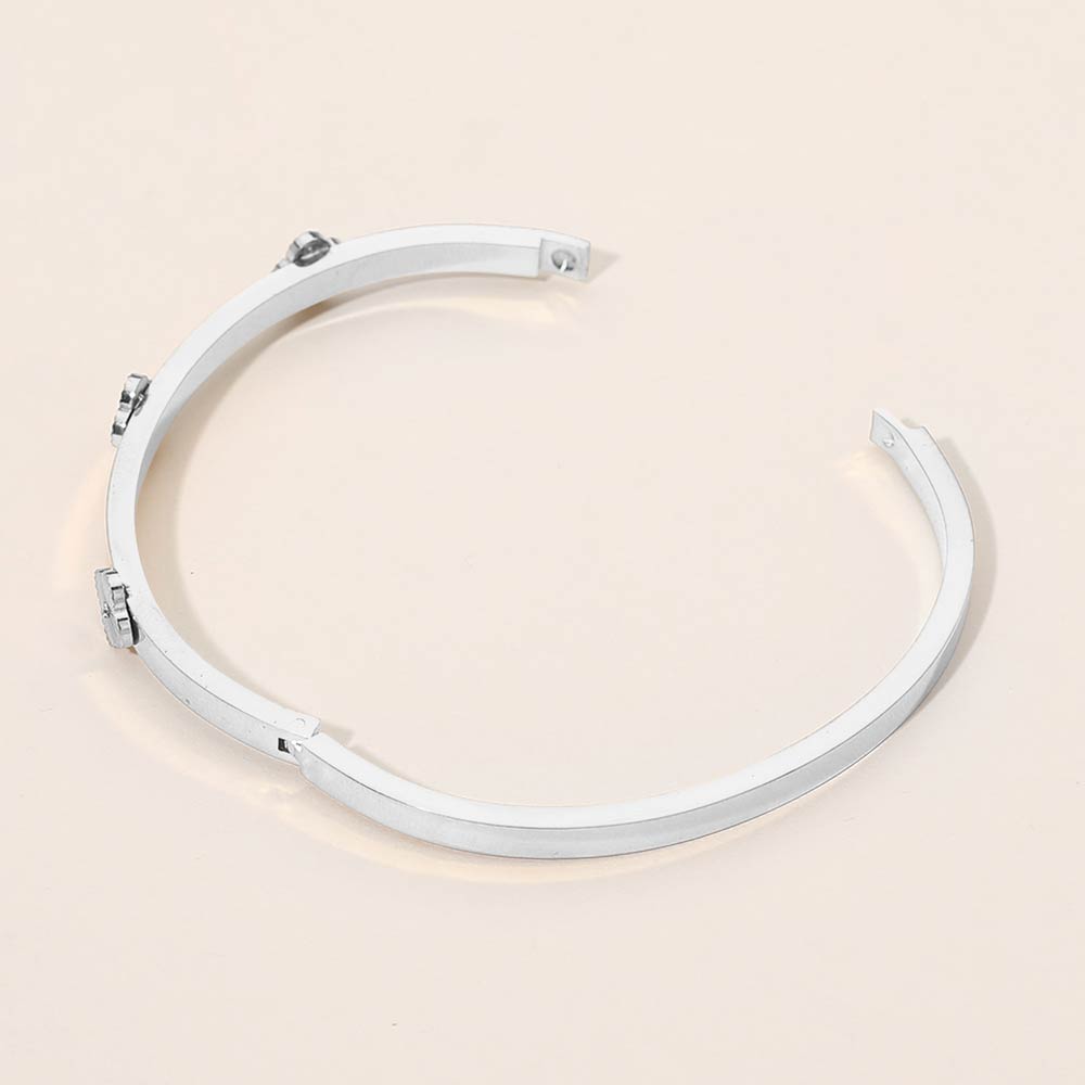 Madeline Love Silver Stainless Steel CZ Center Quatrefoil Station Hinged Bangle Bracelet - Bracelets - extra
