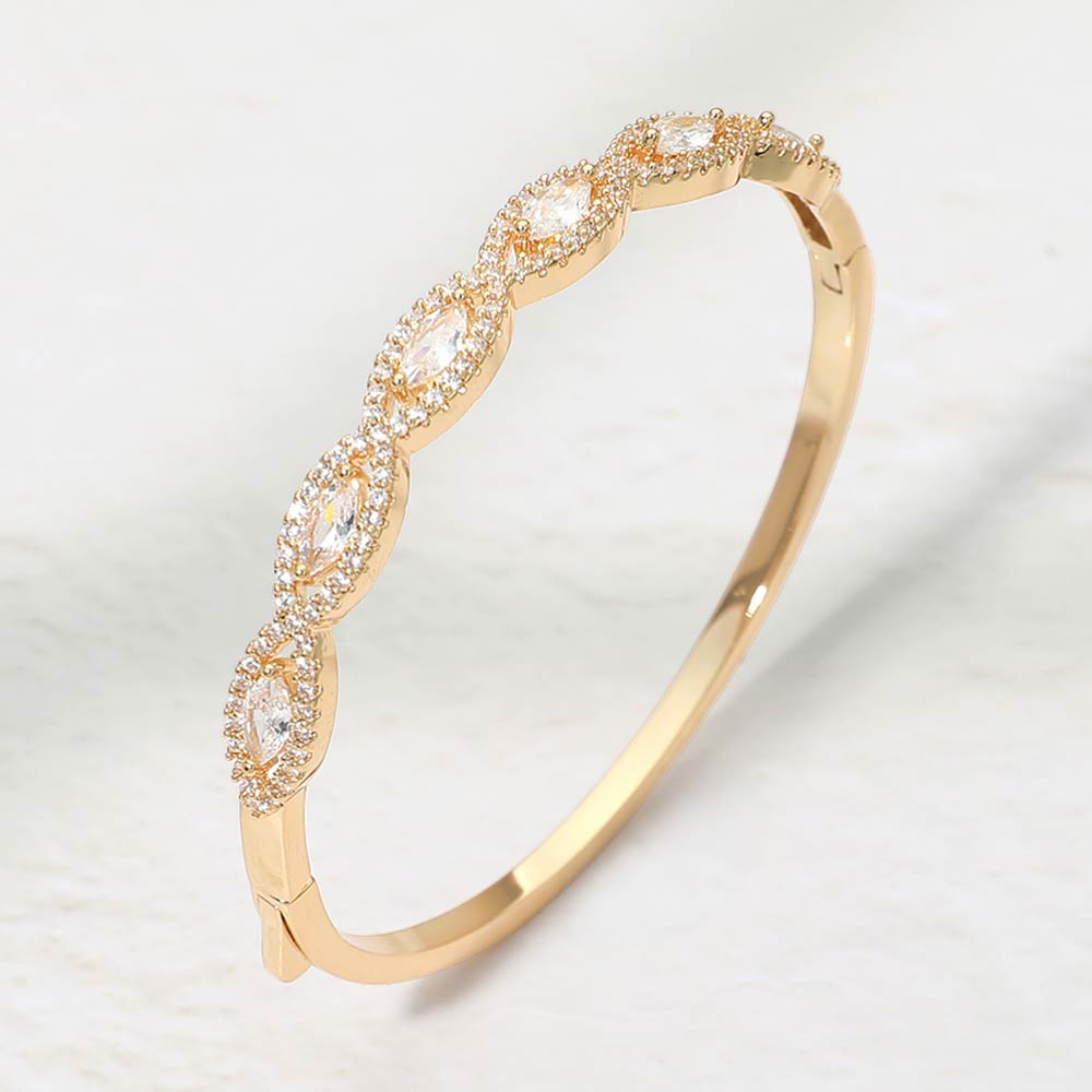 Madeline Love Clear, Gold 14K Gold Plated Marquise CZ Stone Cluster Around Hinged Bangle Bracelet - Bracelets
