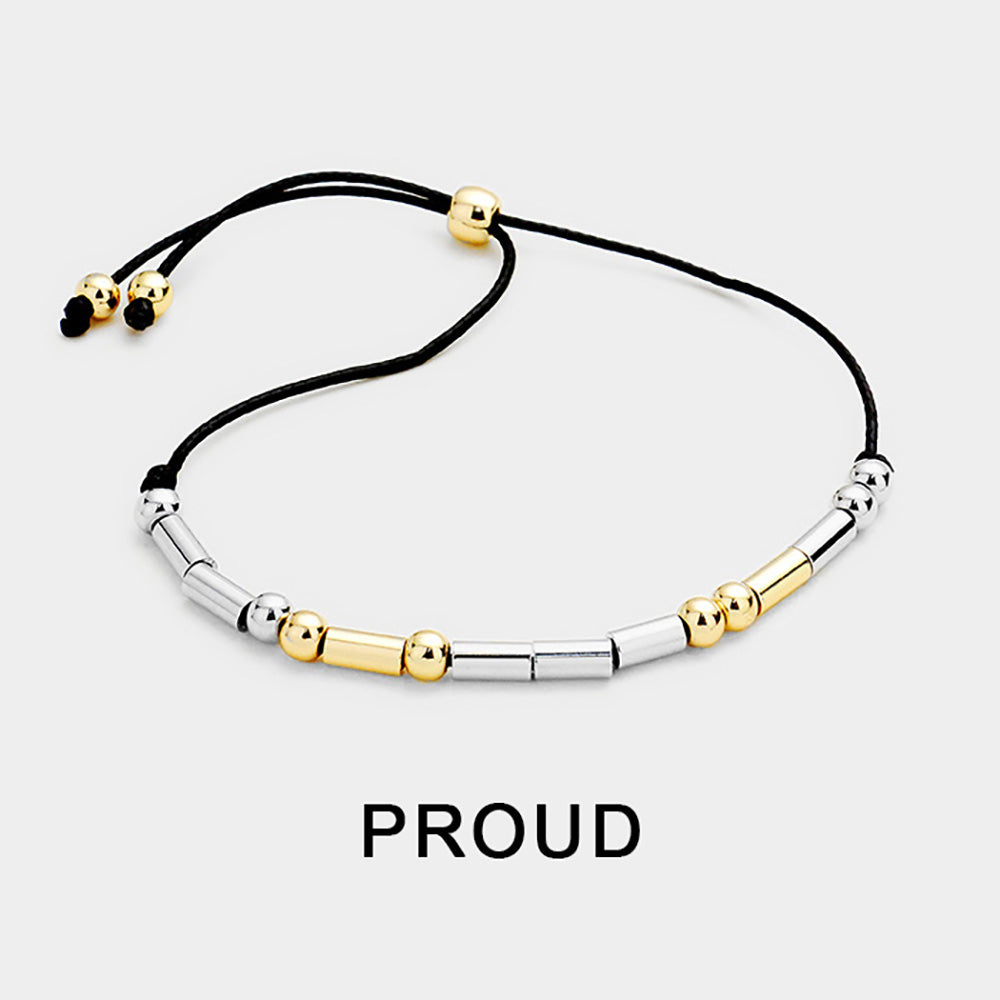 Madeline Love Black, Two Tone PROUD Message Morse Code Adjustable Cinch Pull Tie Bracelet - Bracelets