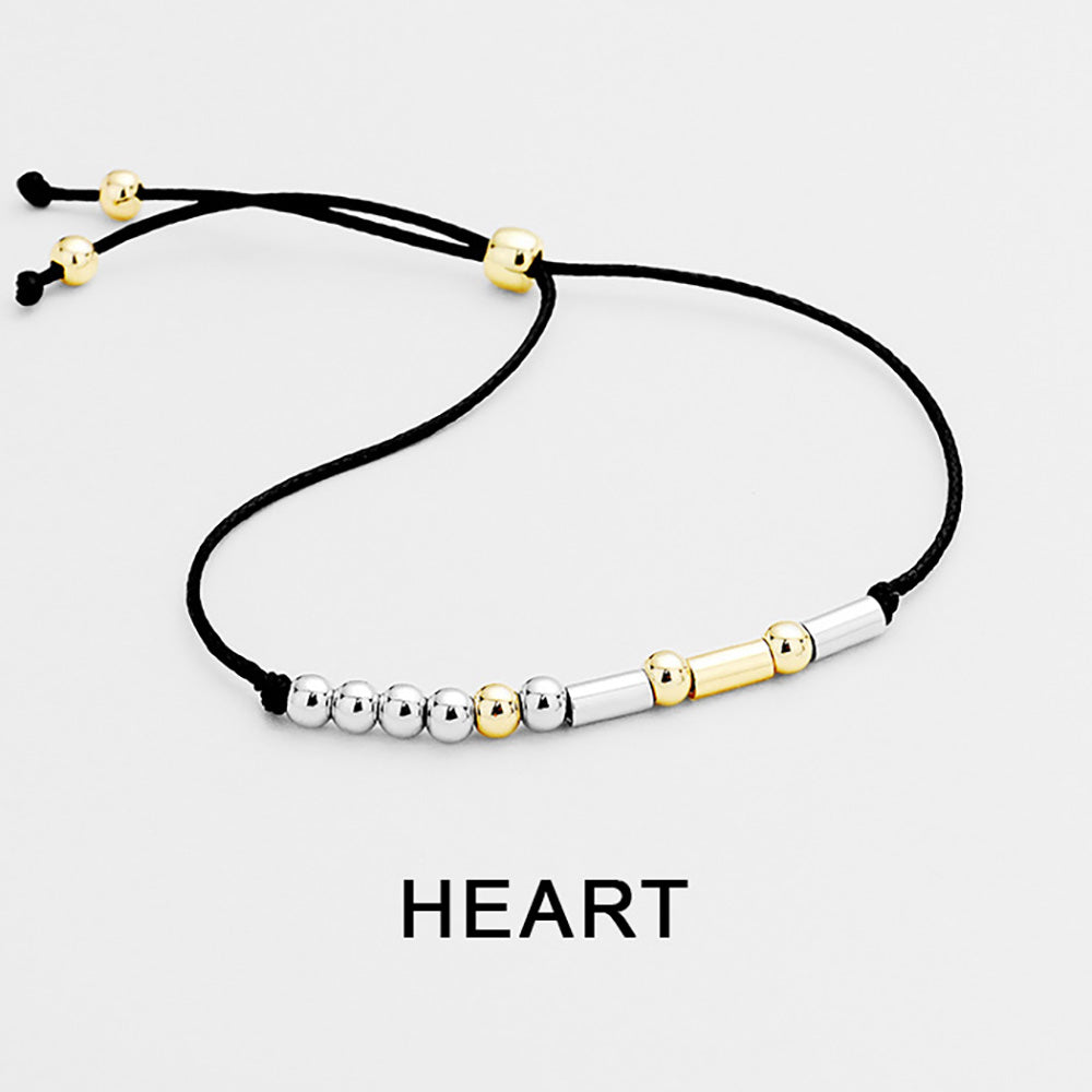 Madeline Love Black, Two Tone HEART Message Morse Code Adjustable Cinch Pull Tie Bracelet - Bracelets