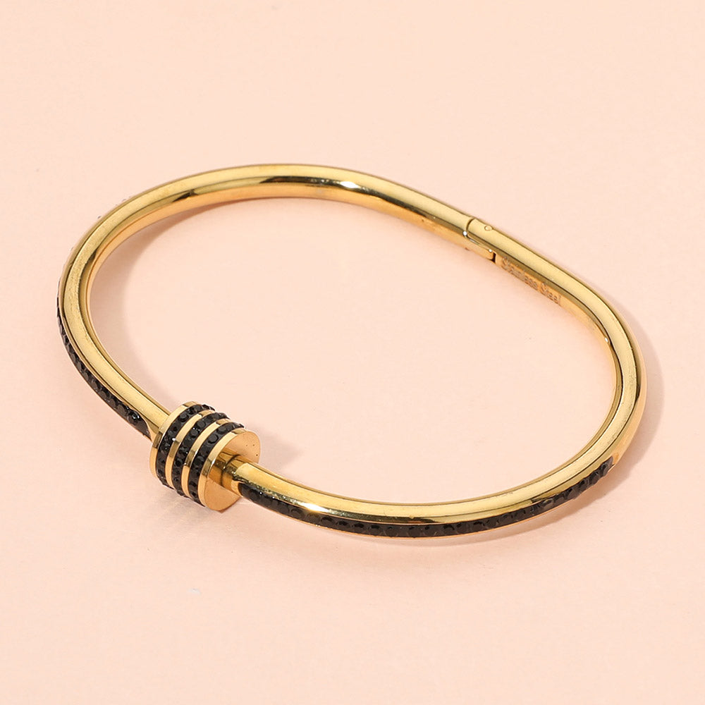Madeline Love Black, Gold Stainless Steel CZ Stone Accent Hinged Bangle Bracelet - Bracelets