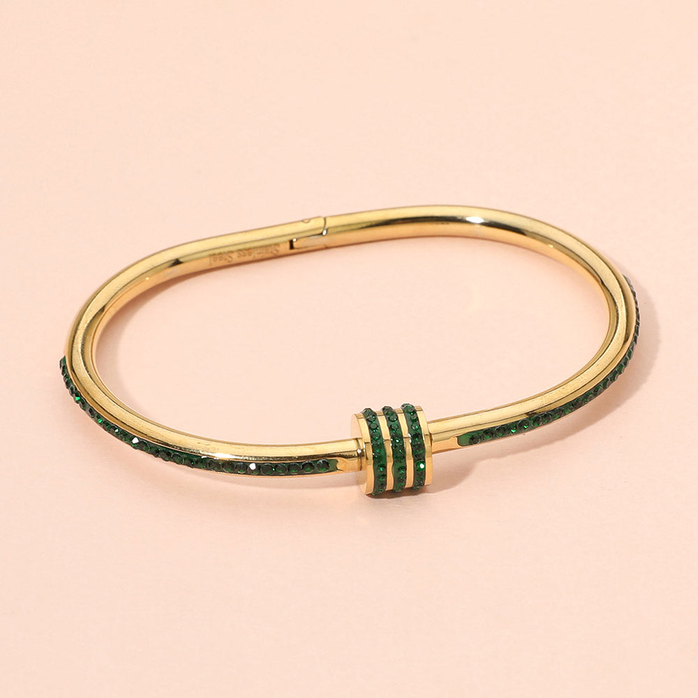 Madeline Love Gold, Green Stainless Steel CZ Stone Accent Hinged Bangle Bracelet - Bracelets