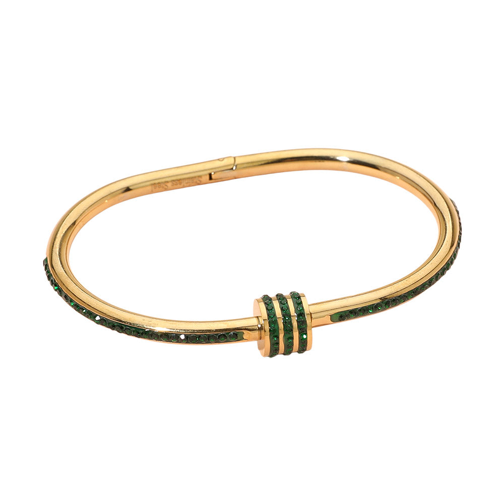 Madeline Love Gold, Green Stainless Steel CZ Stone Accent Hinged Bangle Bracelet - Bracelets - desc