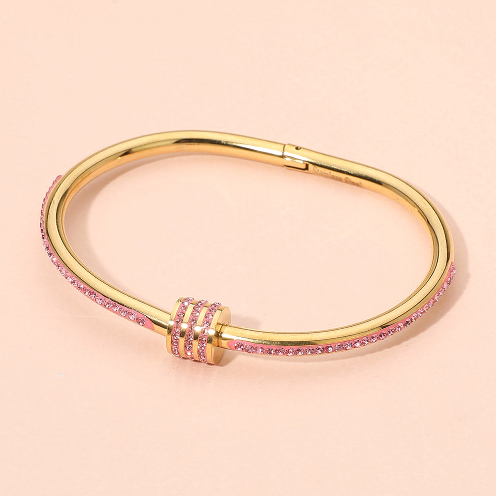 Madeline Love Gold, Pink Stainless Steel CZ Stone Accent Hinged Bangle Bracelet - Bracelets