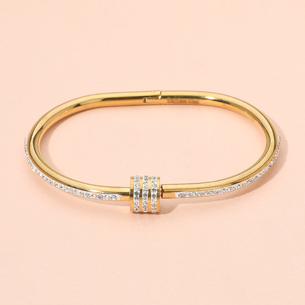 Madeline Love Gold, White Stainless Steel CZ Stone Accent Hinged Bangle Bracelet - Bracelets