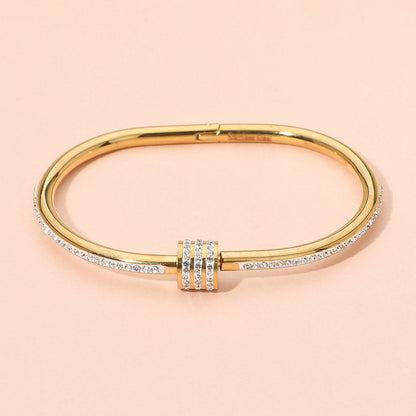Madeline Love Gold, White Stainless Steel CZ Stone Accent Hinged Bangle Bracelet - Bracelets