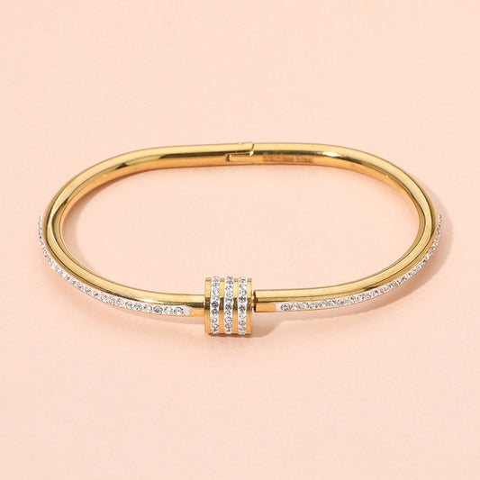 Madeline Love Gold, White Stainless Steel CZ Stone Accent Hinged Bangle Bracelet - Bracelets