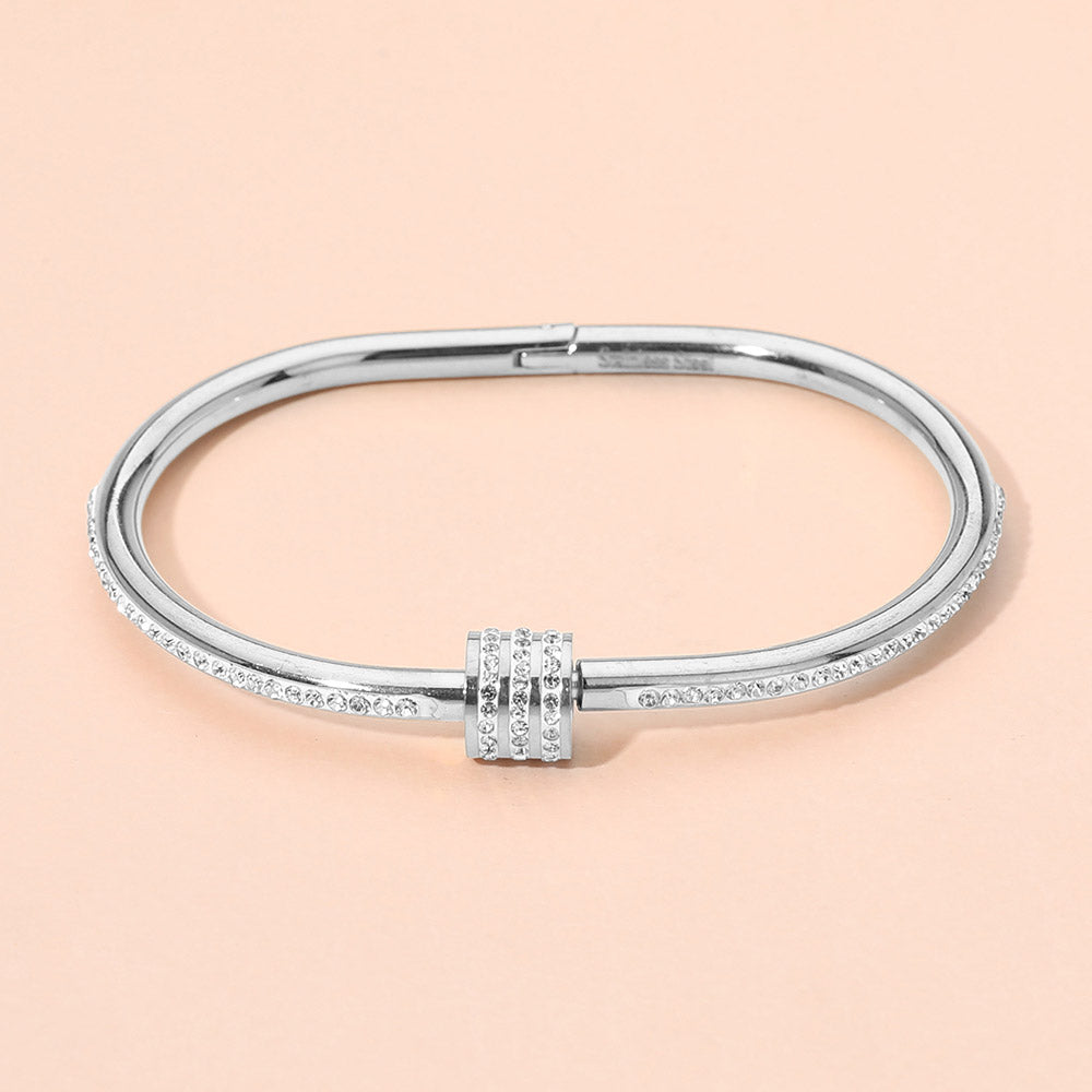 Madeline Love Silver, White Stainless Steel CZ Stone Accent Hinged Bangle Bracelet - Bracelets
