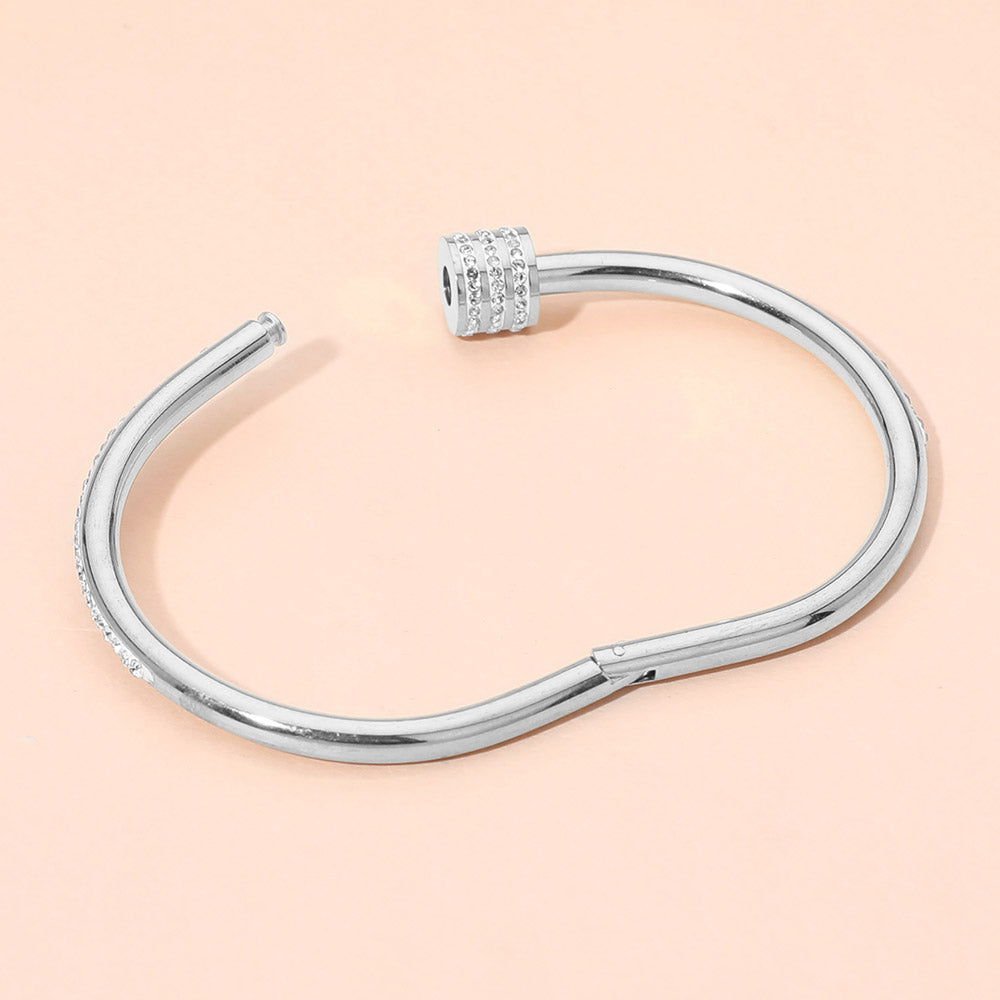 Madeline Love Silver, White Stainless Steel CZ Stone Accent Hinged Bangle Bracelet - Bracelets - desc