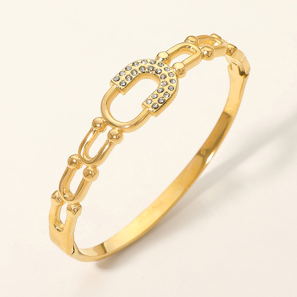 Madeline Love Gold Stainless Steel CZ Pave Horseshoe Accent Hinged Bangle Bracelet - Bracelets