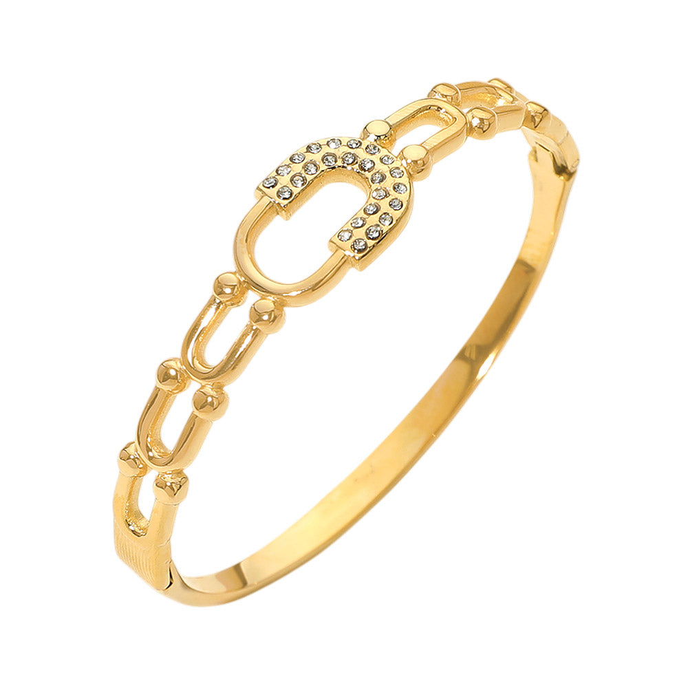Madeline Love Gold Stainless Steel CZ Pave Horseshoe Accent Hinged Bangle Bracelet - Bracelets - desc