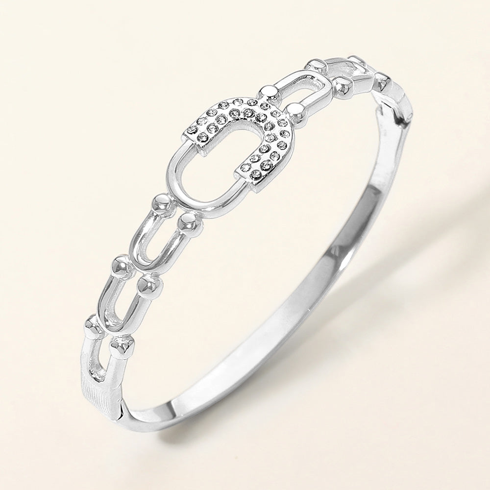 Madeline Love Silver Stainless Steel CZ Pave Horseshoe Accent Hinged Bangle Bracelet - Bracelets