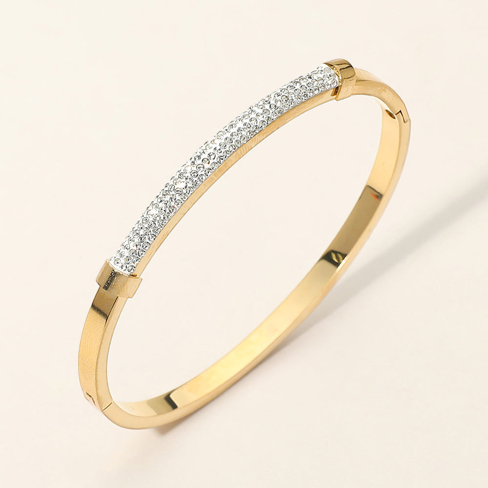 Madeline Love Gold Stainless Steel CZ Pave Bar Accent Hinged Bangle Bracelet - Bracelets