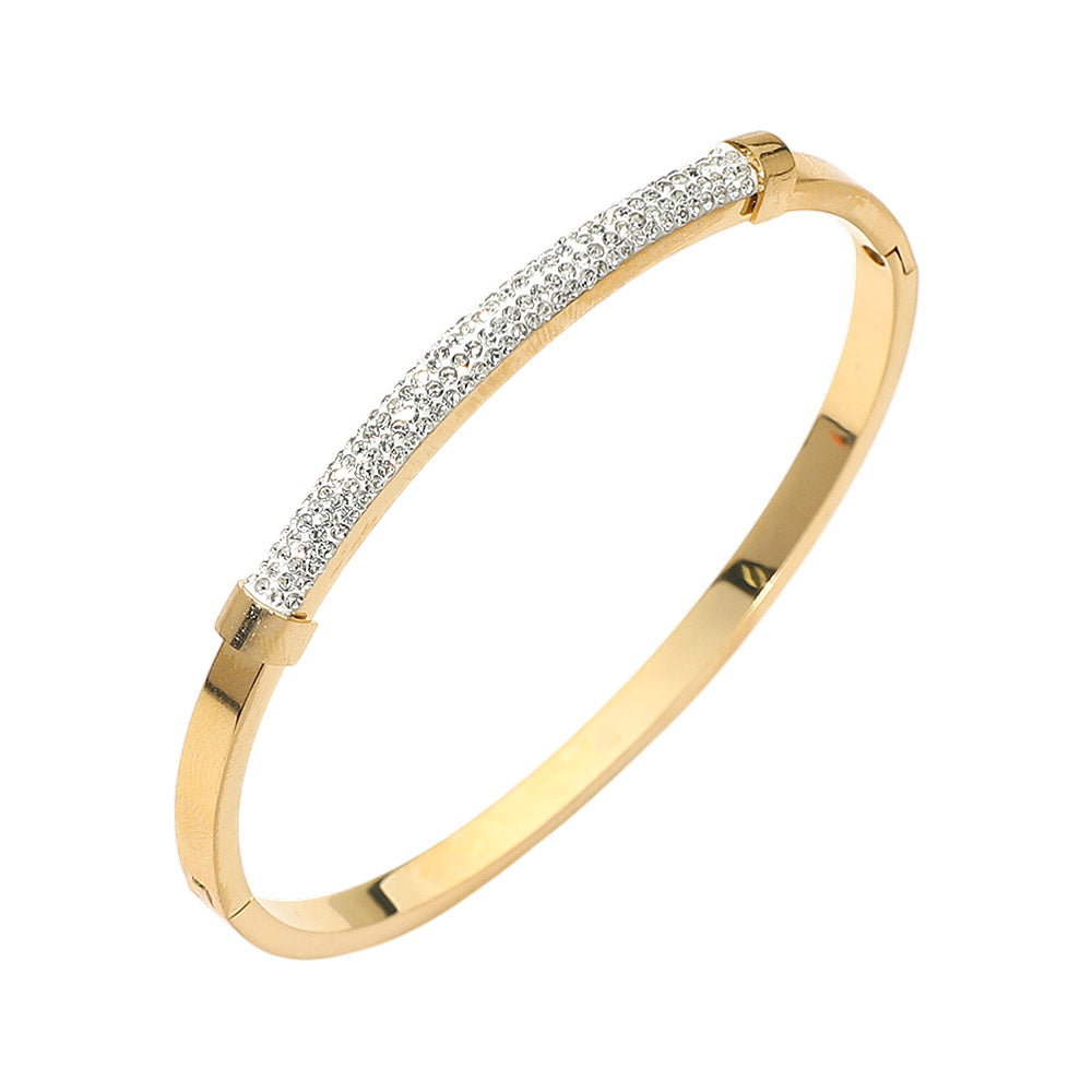 Madeline Love Gold Stainless Steel CZ Pave Bar Accent Hinged Bangle Bracelet - Bracelets - desc