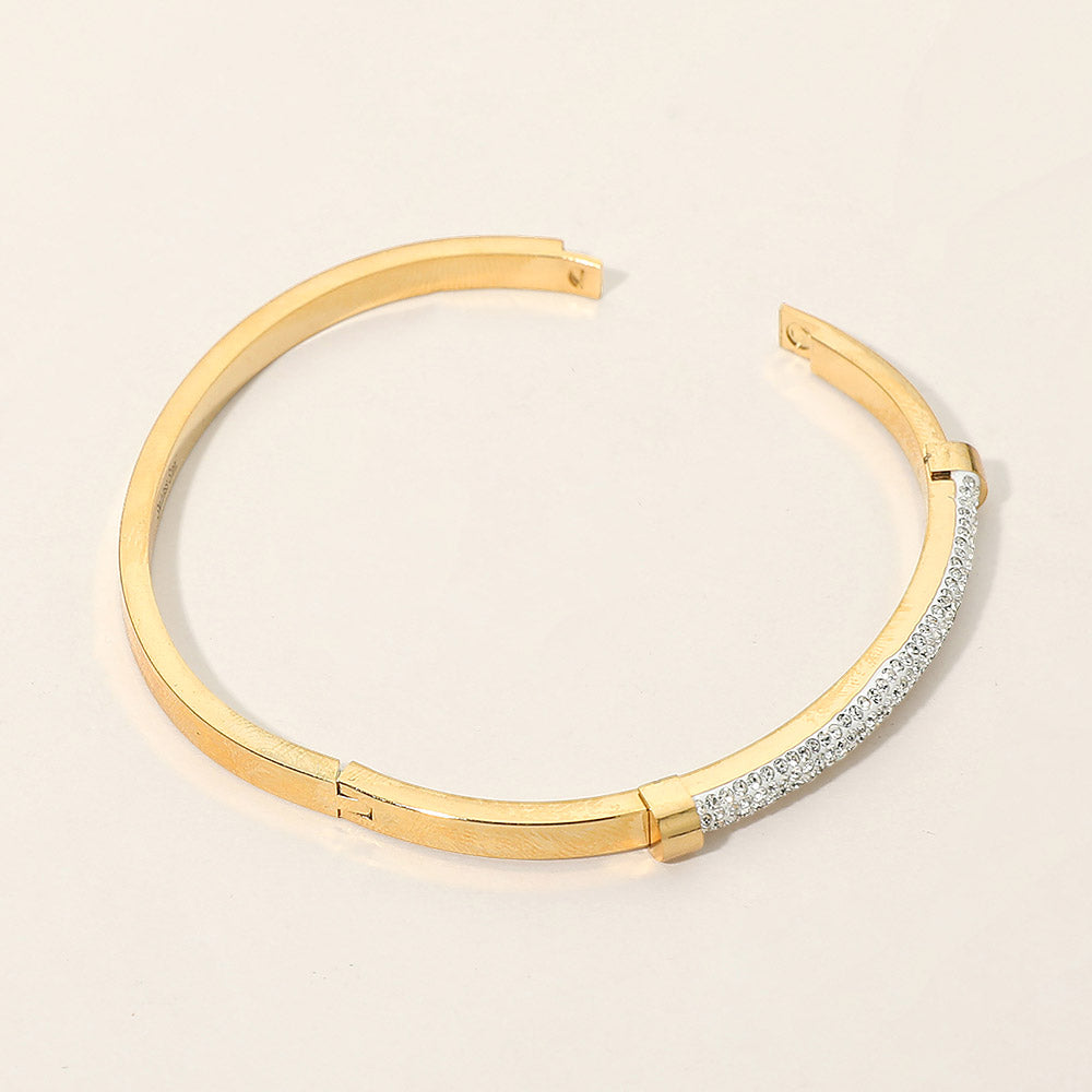 Madeline Love Gold Stainless Steel CZ Pave Bar Accent Hinged Bangle Bracelet - Bracelets - extra