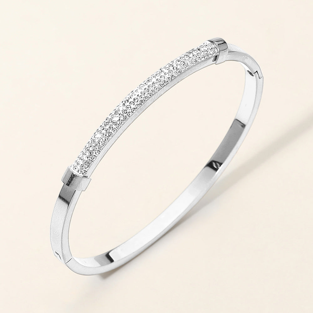 Madeline Love Silver Stainless Steel CZ Pave Bar Accent Hinged Bangle Bracelet - Bracelets