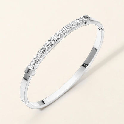 Madeline Love Silver Stainless Steel CZ Pave Bar Accent Hinged Bangle Bracelet - Bracelets