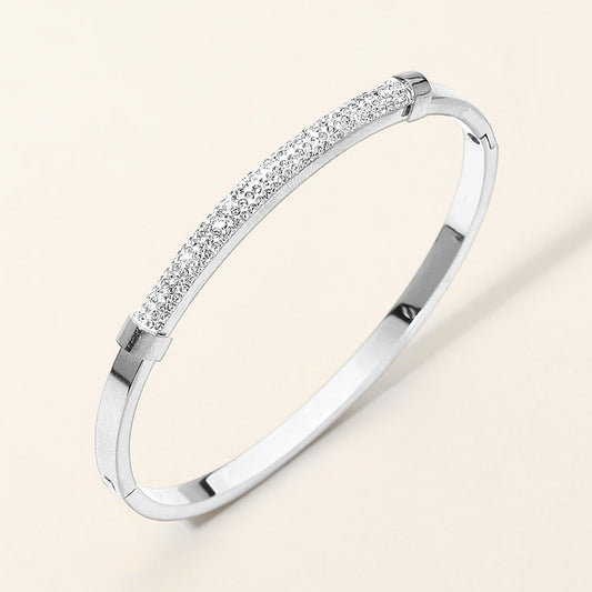Madeline Love Silver Stainless Steel CZ Pave Bar Accent Hinged Bangle Bracelet - Bracelets