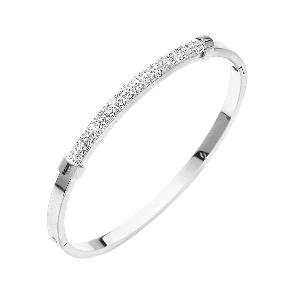 Madeline Love Silver Stainless Steel CZ Pave Bar Accent Hinged Bangle Bracelet - Bracelets - desc