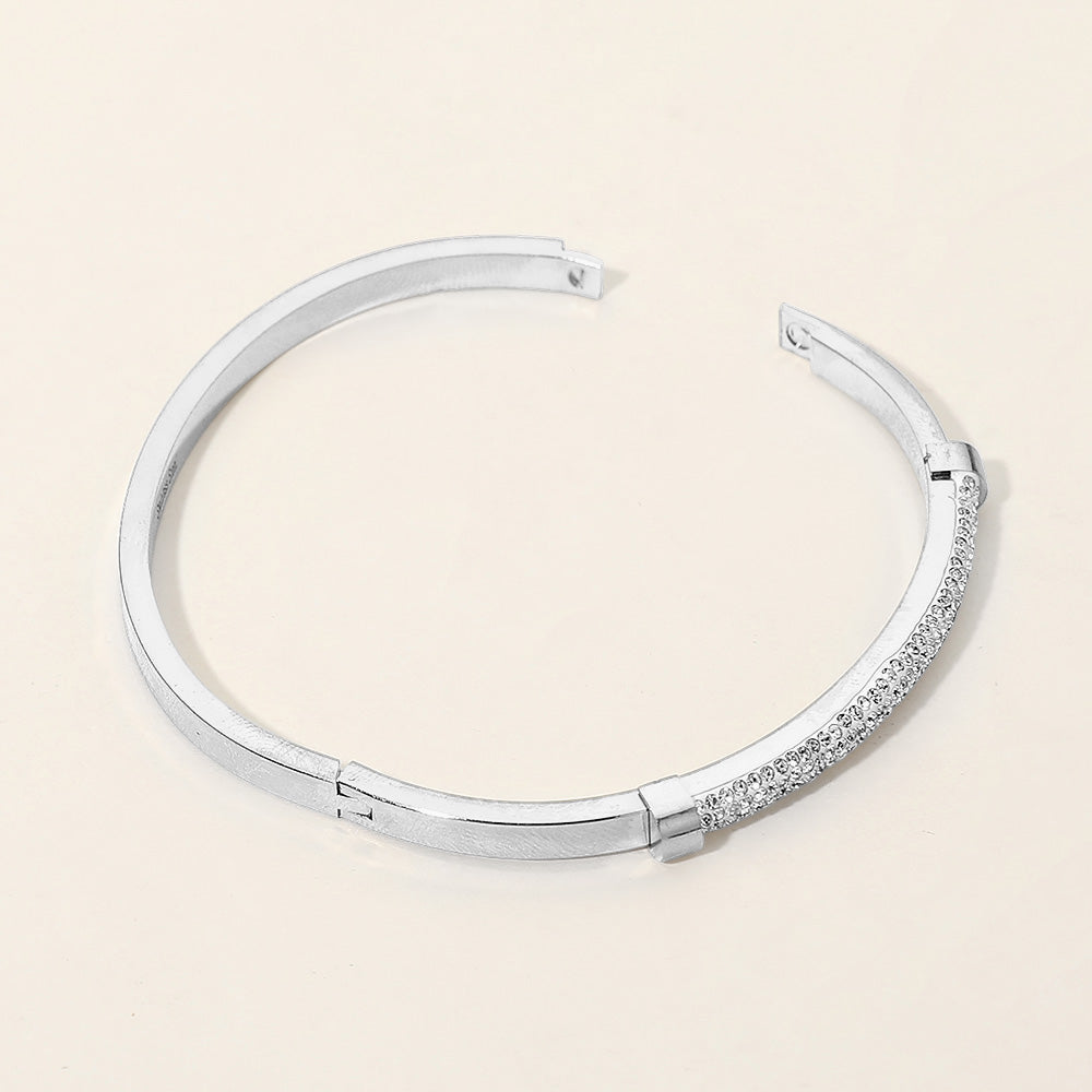 Madeline Love Silver Stainless Steel CZ Pave Bar Accent Hinged Bangle Bracelet - Bracelets - extra