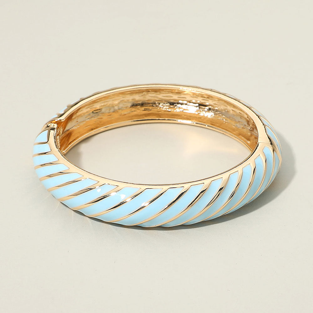 Madeline Love Gold, Light Blue Enamel Inkay Striped Hinged Bangle Bracelet - Bracelets