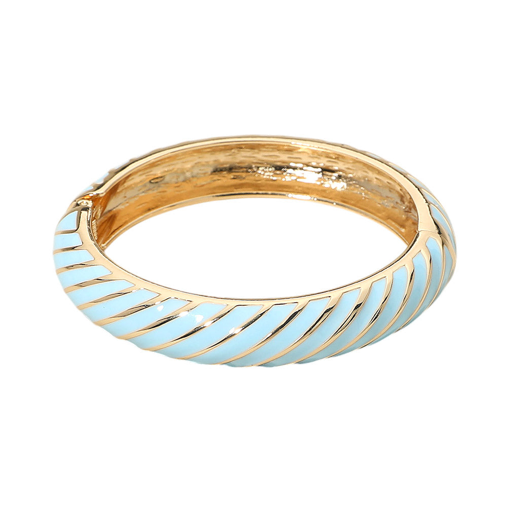 Madeline Love Gold, Light Blue Enamel Inkay Striped Hinged Bangle Bracelet - Bracelets - desc