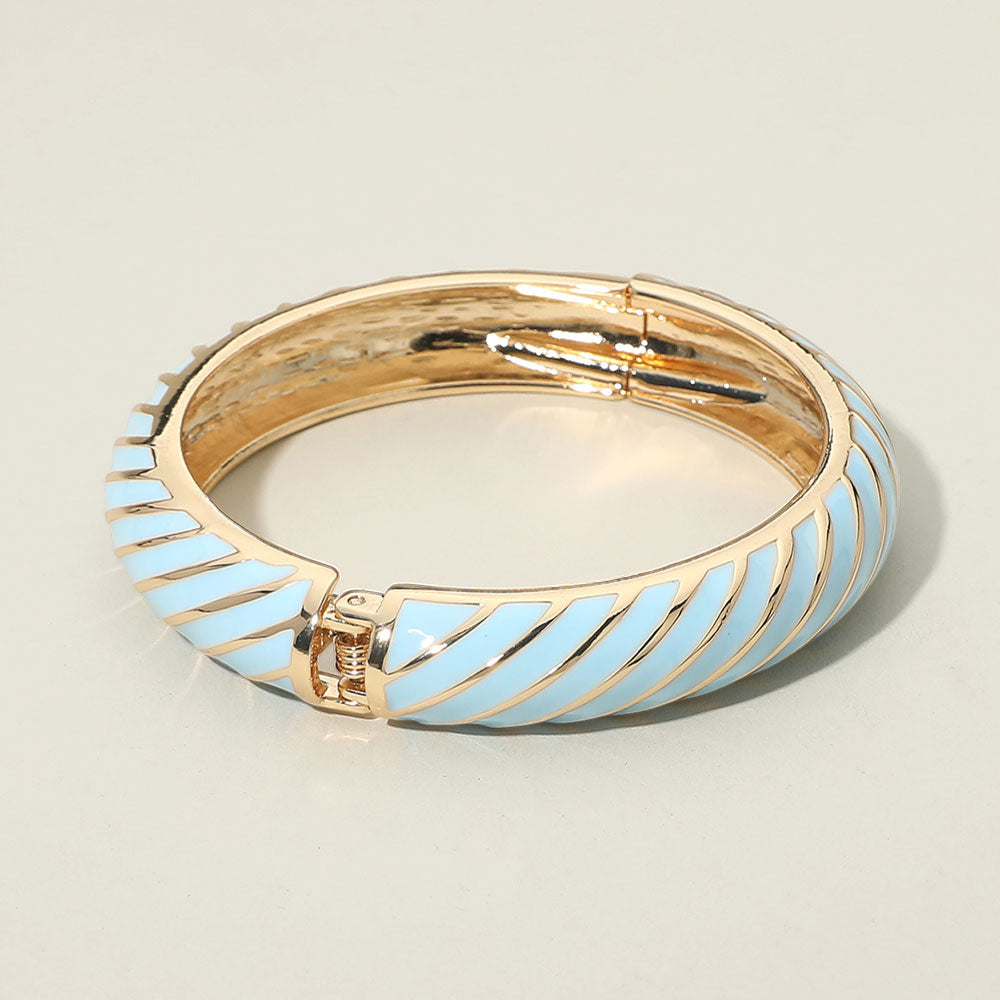Madeline Love Gold, Light Blue Enamel Inkay Striped Hinged Bangle Bracelet - Bracelets - extra