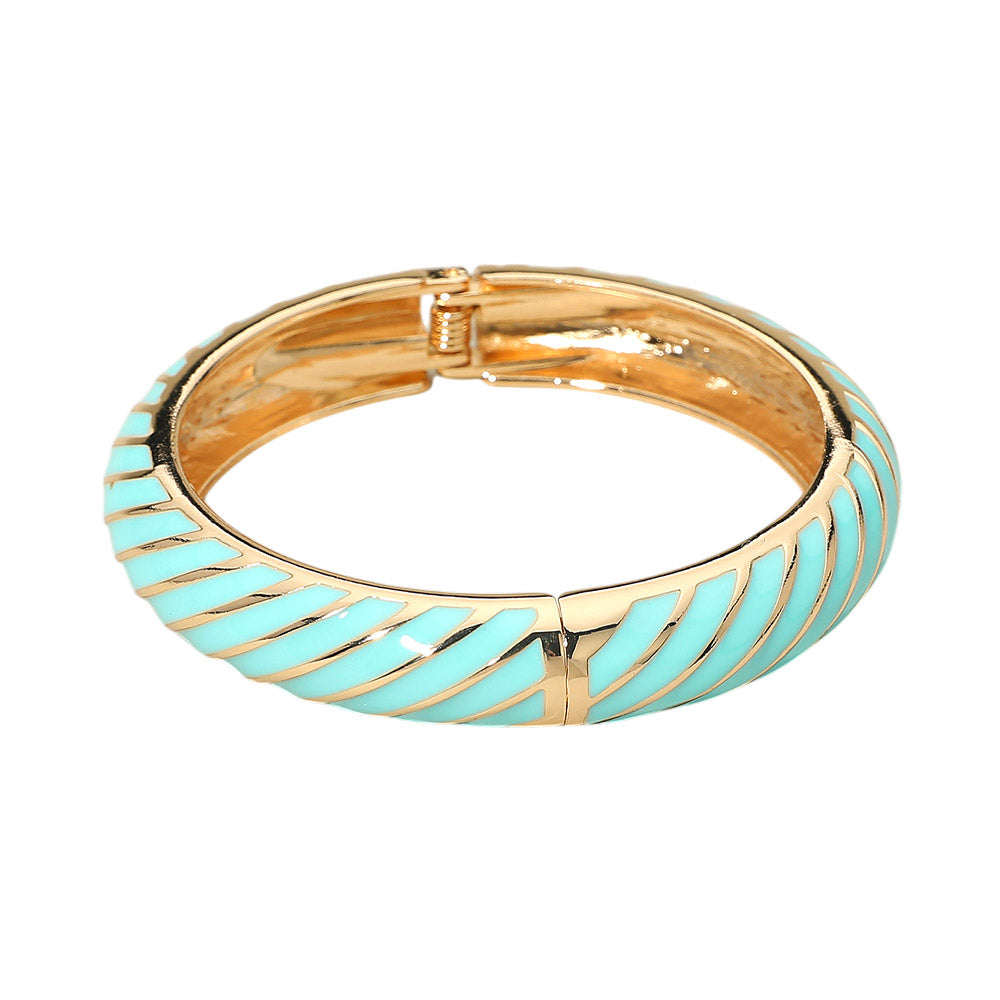 Madeline Love Gold, Mint Enamel Inkay Striped Hinged Bangle Bracelet - Bracelets - desc