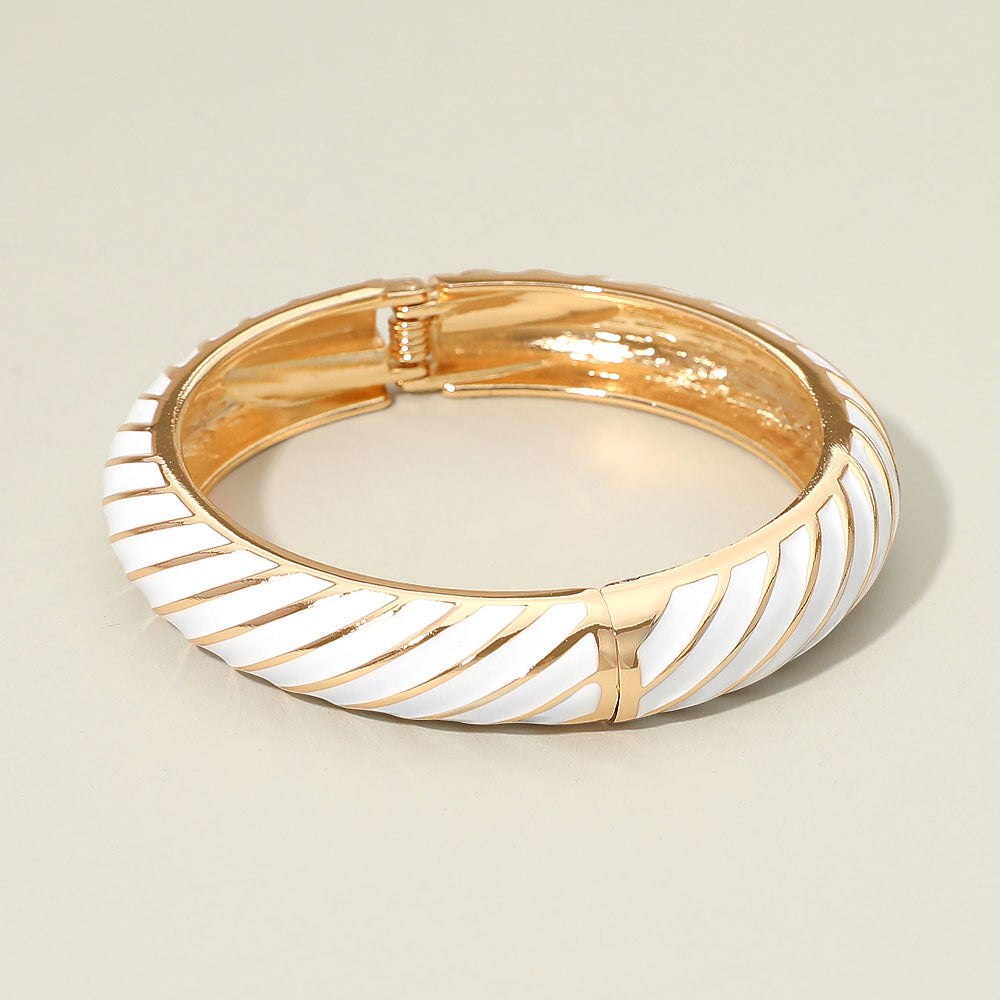 Madeline Love Gold, White Enamel Inkay Striped Hinged Bangle Bracelet - Bracelets