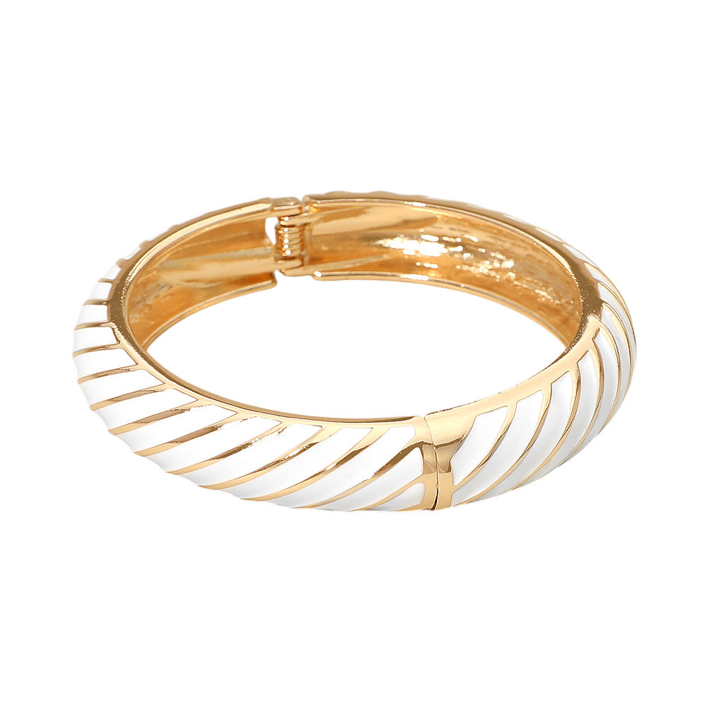 Madeline Love Gold, White Enamel Inkay Striped Hinged Bangle Bracelet - Bracelets - desc