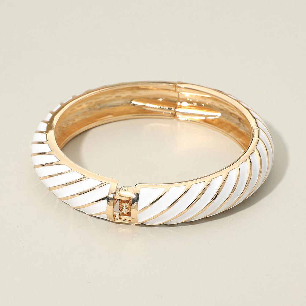 Madeline Love Gold, White Enamel Inkay Striped Hinged Bangle Bracelet - Bracelets - extra