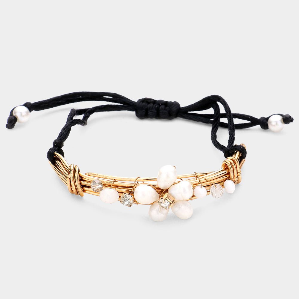 Madeline Love Gold Pearl Flower Cinch Pull Tie Bracelet - Bracelets