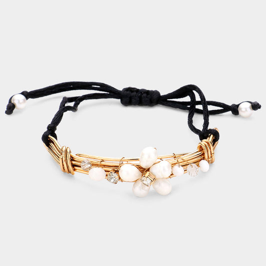 Madeline Love Gold Pearl Flower Cinch Pull Tie Bracelet - Bracelets
