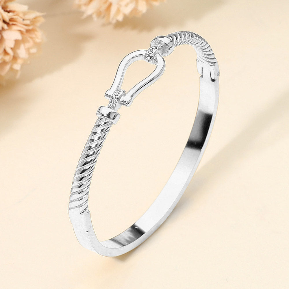 Madeline Love Rhodium SECRET BOX_Stainless Steel Horsebit Buckle Accent Twisted Hinged Bangle Bracelet - Bracelets