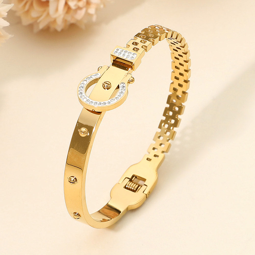 Madeline Love Gold SECRET BOX_Stainless Steel Stone Paved Horseshoe Buckle Accent Hinged Bangle Bracelet - Bracelets