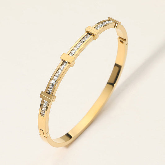 Madeline Love Gold SECRET BOX_Stainless Steel Stone Inlay Sleek Hinged Bangle Bracelet - Bracelets
