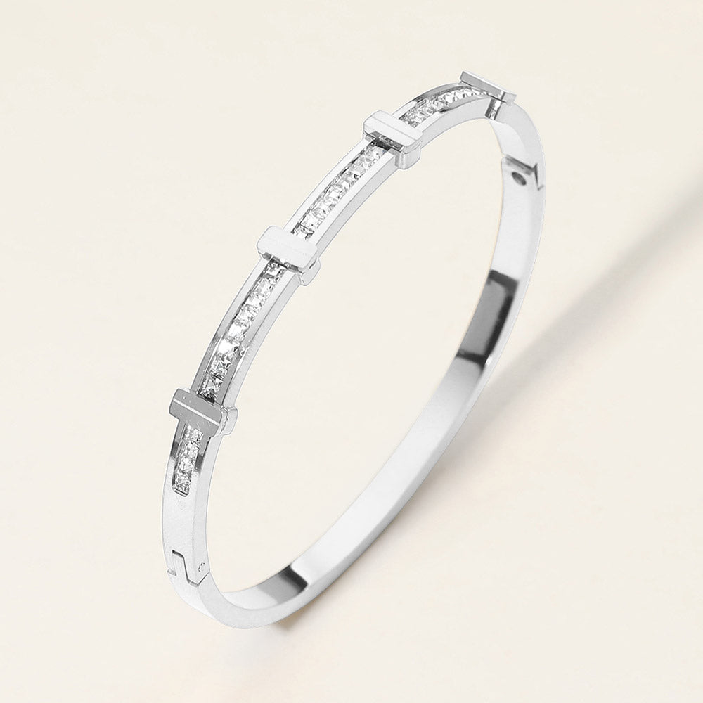 Madeline Love Rhodium SECRET BOX_Stainless Steel Stone Inlay Sleek Hinged Bangle Bracelet - Bracelets