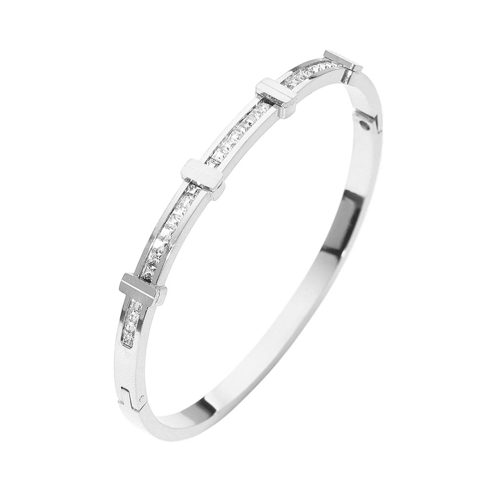 Madeline Love Rhodium SECRET BOX_Stainless Steel Stone Inlay Sleek Hinged Bangle Bracelet - Bracelets - desc