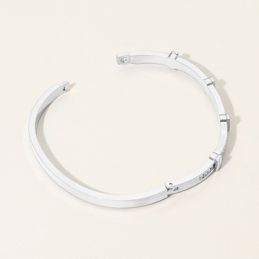 Madeline Love Rhodium SECRET BOX_Stainless Steel Stone Inlay Sleek Hinged Bangle Bracelet - Bracelets - extra