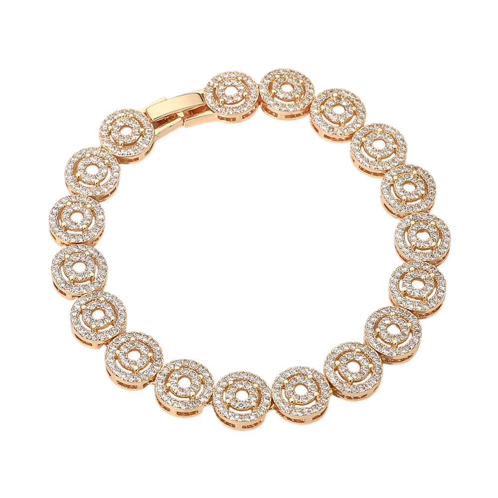 Madeline Love Gold 14K Gold Plated Round Halo CZ Link Tennis Bracelet - Bracelets - desc