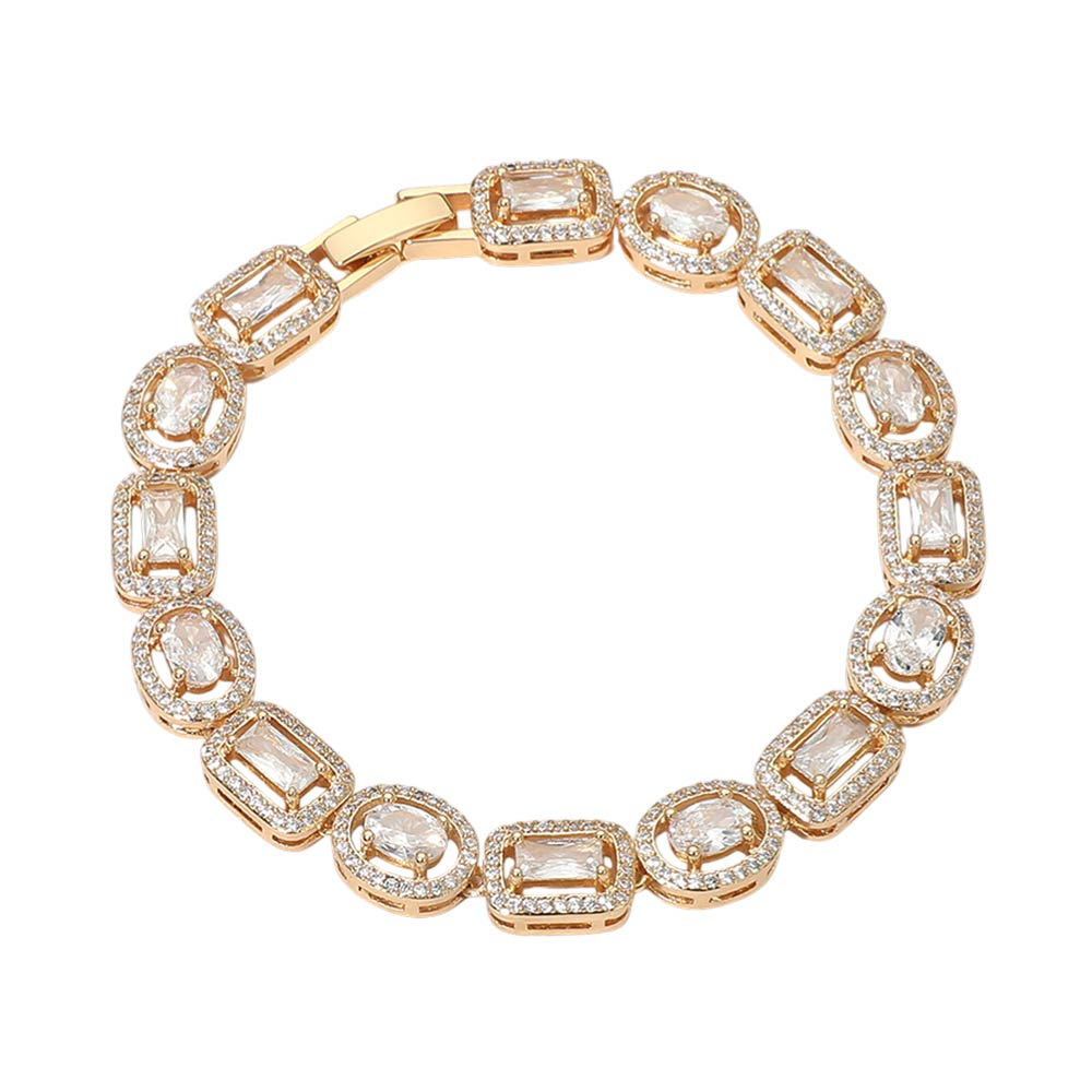 Madeline Love Gold 14K Gold Plated Mixed Cut Halo CZ Link Tennis Bracelet - Bracelets - desc