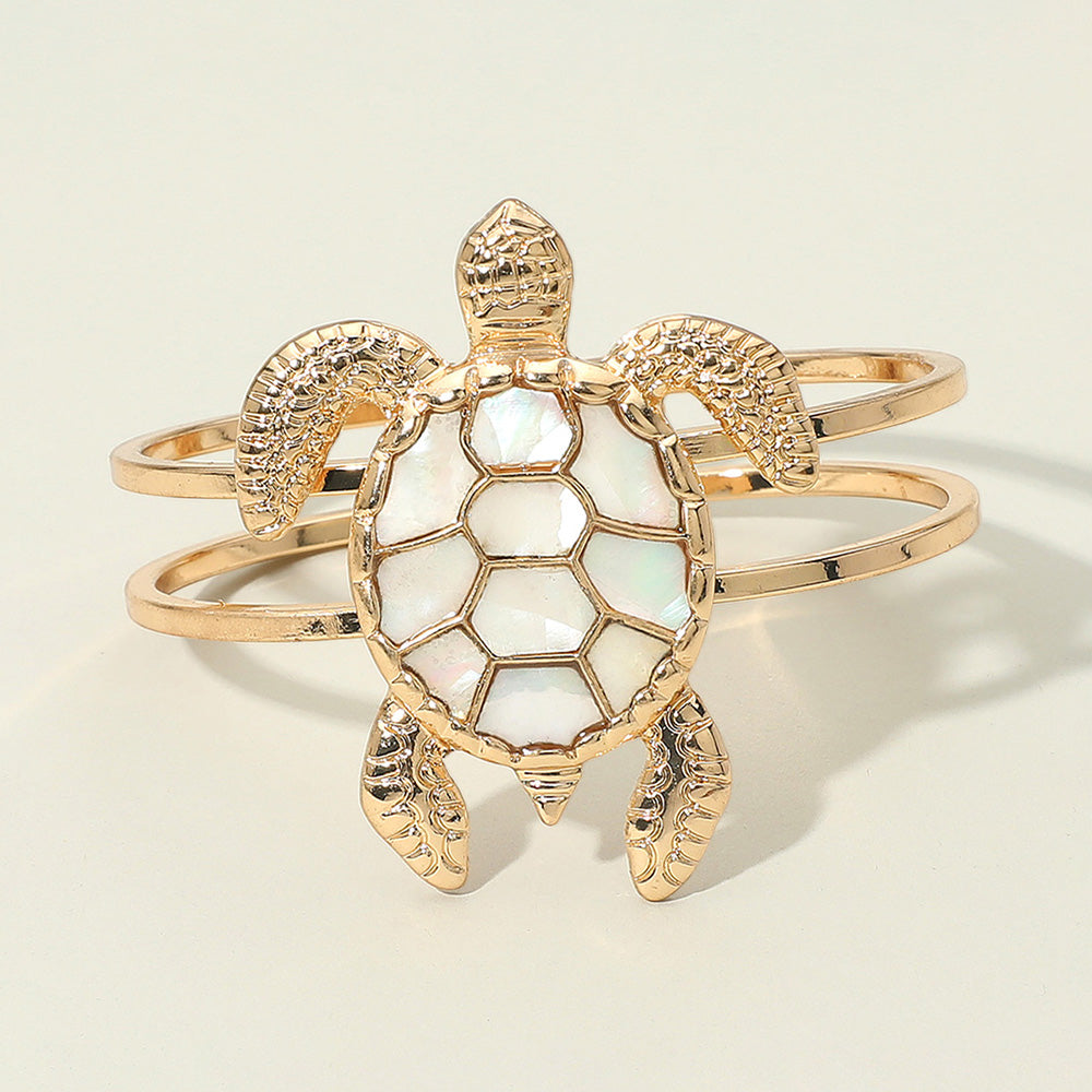 Madeline Love Gold, Mother of Pearl, Neutral Intricate Mother of Pearl Shell Design Turtle Hinged Bracelet - Bracelets