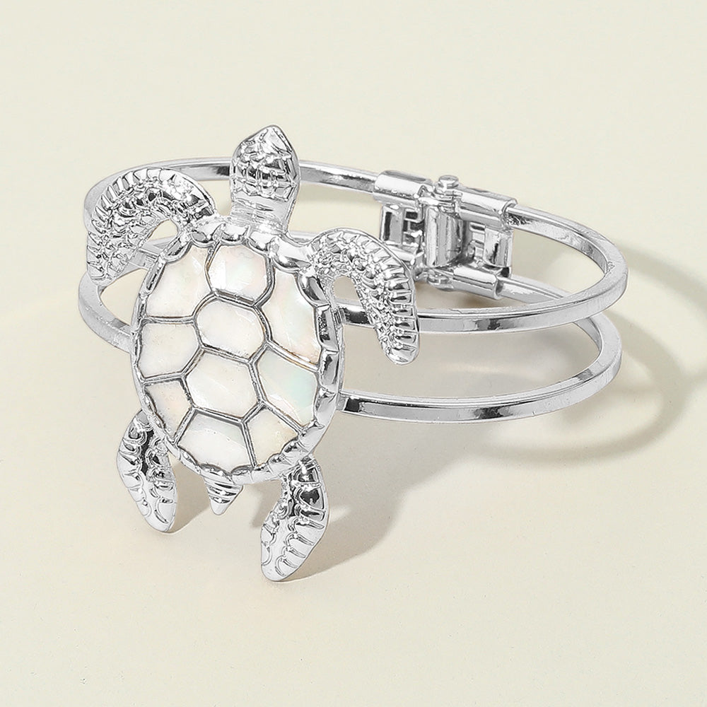 Madeline Love Mother of Pearl, Neutral, Rhodium Intricate Mother of Pearl Shell Design Turtle Hinged Bracelet - Bracelets