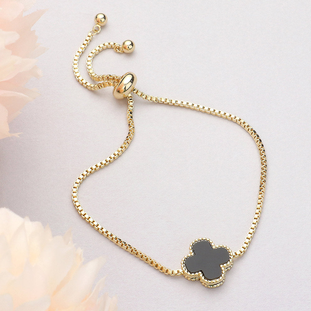 Madeline Love Black, Gold Natural Stone Quatrefoil Cluster Pointed Adjustable Cinch Pull Tie Bracelet - Bracelets