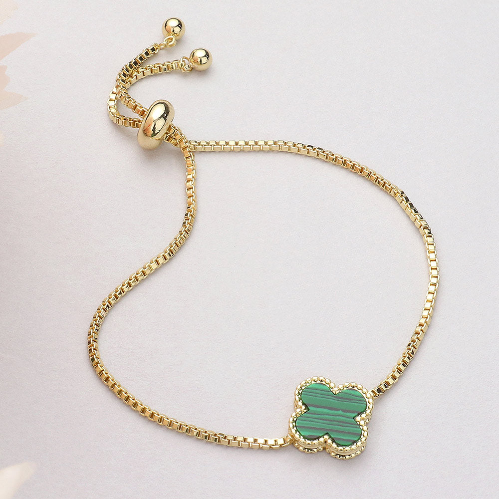 Madeline Love Gold, Green Natural Stone Quatrefoil Cluster Pointed Adjustable Cinch Pull Tie Bracelet - Bracelets