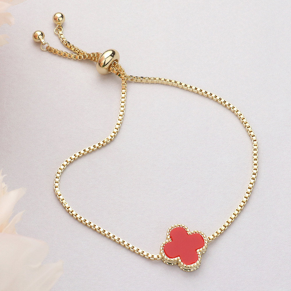 Madeline Love Gold, Red Natural Stone Quatrefoil Cluster Pointed Adjustable Cinch Pull Tie Bracelet - Bracelets