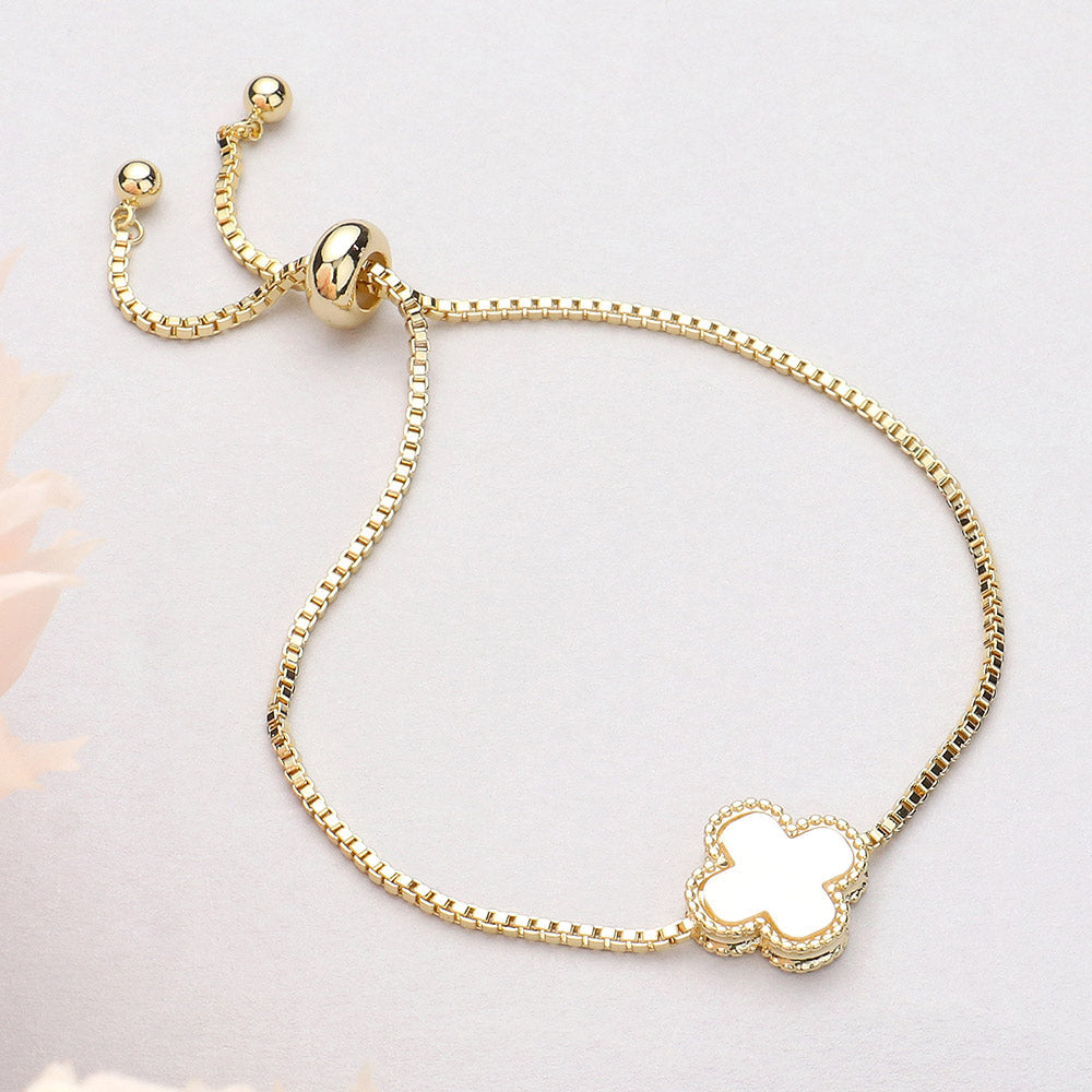Madeline Love Gold, White Natural Stone Quatrefoil Cluster Pointed Adjustable Cinch Pull Tie Bracelet - Bracelets
