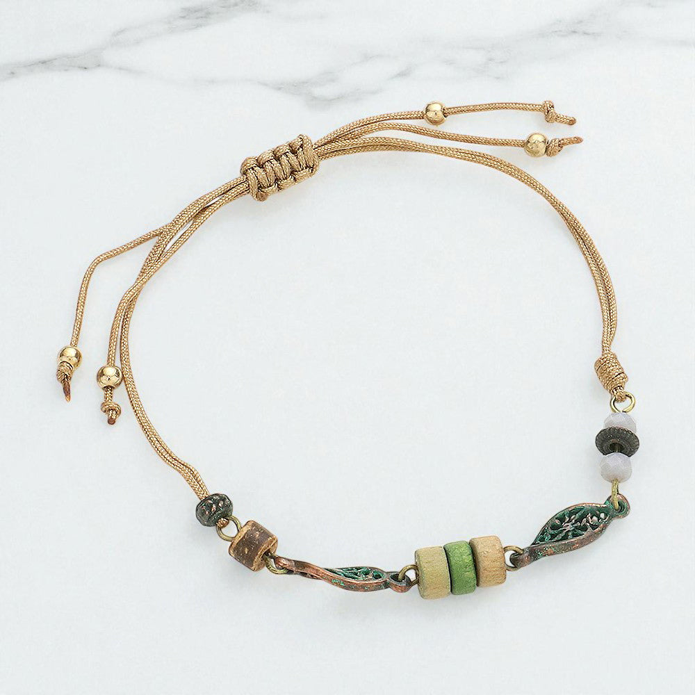 Madeline Love Neutral, Patina Verdigris Wooden Beaded Adjustable Cinch Pull Tie Bracelet - Bracelets